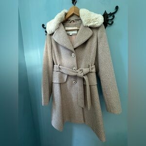 Jessica Simpson Pink & Gray Tweed Trench Coat with Removable Faux Fur Collar - S